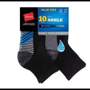 Hanes Ultimate Boys Ankle Socks 10‎ Pairs Medium 9-2.5 Black Gray Cushioned